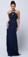 Beaded Halter Top Spaghetti Straps Long Formal Prom Dress in Navy