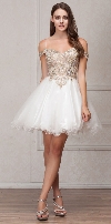 Spaghetti Straps Cold-shoulder Beaded Tulle short Prom Dress in Off White