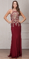 Round Collar Neck Embellished Bodice Long Prom Pageant Dress in Burgundy