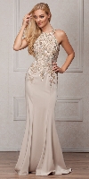Round Collar Neck Embellished Bodice Long Prom Pageant Dress in Champaign