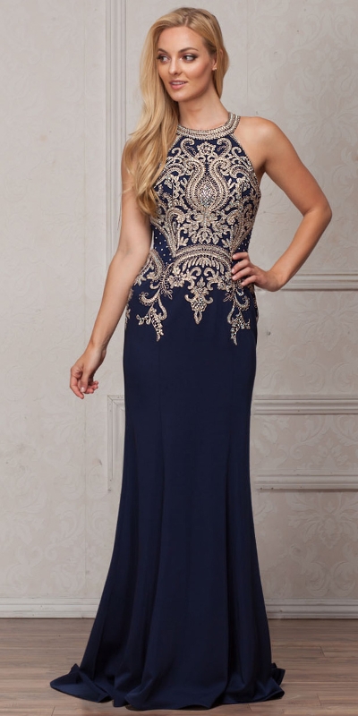 Round Collar Neck Embellished Bodice Long Prom Pageant Dress