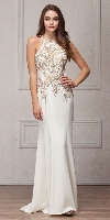 Round Collar Neck Embellished Bodice Long Prom Pageant Dress in Off White