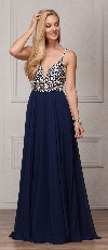 Bejeweled Bodice V-Neck Spaghetti Straps Formal Prom Dress in Navy