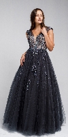 Beaded Embellished V Neck Prom Ball Gown in Charcoal