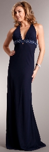 Main image of Plunging Neckline Formal Prom Dress with Bejeweled Back