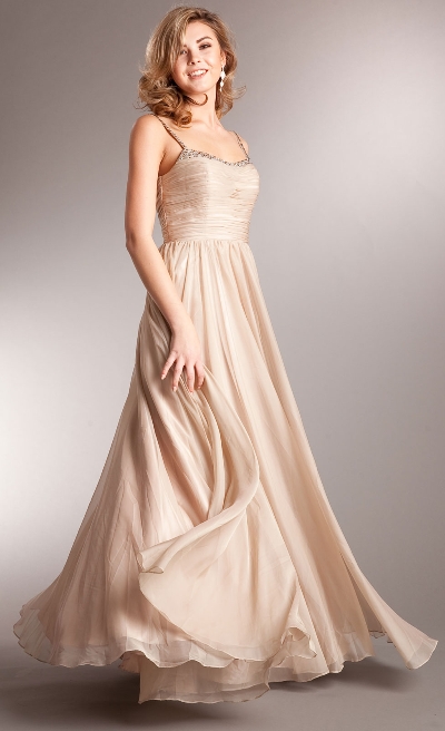 Shirred Bust Long Formal Bridesmaid Dress with Rhinestones