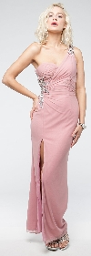 One Shoulder Long Formal Dress with Bejeweled Waist in Rose