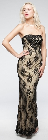 Strapless Floral Mesh Beaded Long Formal Evening Dress  in Black