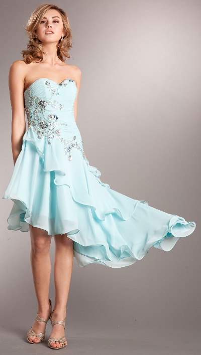 Strapless Beaded Short Dress with Asymmetric Ruffled Skirt