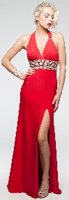 Halter Neck Full Length Formal Prom Gown with Front Slit in Red