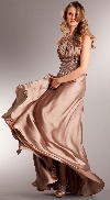 Ruched Bust Beaded Empire Cut Long Formal Prom Dress in Mocha