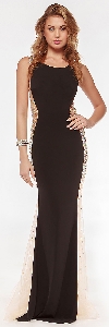 Studded Sheer Mesh Sides Flared Long Formal Prom Dress in Black
