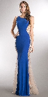 Main image of Studded Sheer Mesh Sides Flared Long Formal Prom Dress