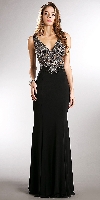 V-neck Beaded Bodice Fitted Long Formal Prom Dress in Black