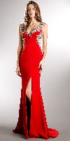 Bejeweled Bust & Back Floor Length Prom Pageant Dress in Red