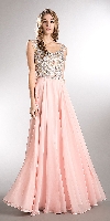 Beaded Brocade Lace Mesh Top Long Formal Prom Dress in Blush