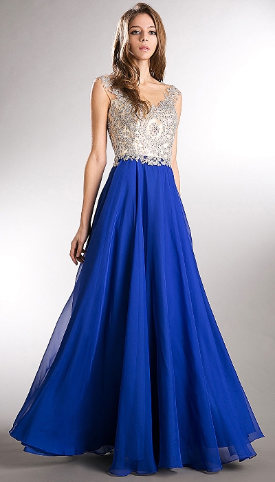 Beaded Brocade Lace Mesh Top Long Formal Prom Dress
