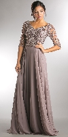 V-Neck Beaded Top Half Sleeves Long Mother of Bride Dress in Brown