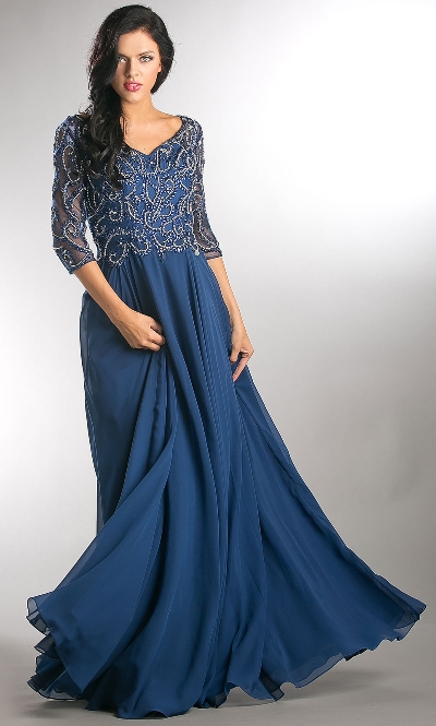 V-Neck Beaded Top Half Sleeves Long Mother of Bride Dress