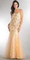 Beaded Mesh Tulle Mermaid Style Long Prom Pageant Dress in Champaign