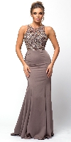 Sleeveless Beaded Top High Neck Long Prom Dress in Mocha
