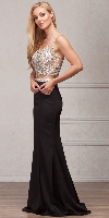 Bejeweled V-neck Mesh Top Fit-n-Flare Long Skirt Prom Dress in Black