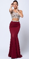 Main image of Bejeweled V-neck Mesh Top Fit-n-Flare Long Skirt Prom Dress