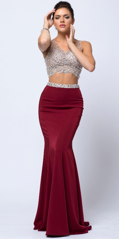 Bejeweled V-neck Mesh Top Fit-n-Flare Long Skirt Prom Dress