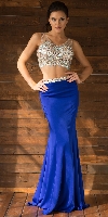 Bejeweled V-neck Mesh Top Fit-n-Flare Long Skirt Prom Dress in Royal Blue