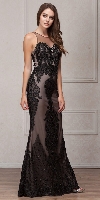 Beads & Lace Accent Long Fitted Formal Prom Pageant Dress in Black