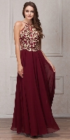 Gold Accent Keyhole Mesh Bust Long Formal Evening Dress in Burgundy