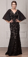 V-Neck Floral Lace Sheer Cape Long MOB Gown in Black