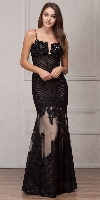 Spaghetti Straps Sequins Lace Mesh Long Prom Pageant Gown in Black