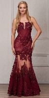 Spaghetti Straps Sequins Lace Mesh Long Prom Pageant Gown in Burgundy