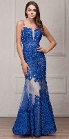 Main image of Spaghetti Straps Sequins Lace Mesh Long Prom Pageant Gown