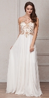 Mesh Beaded Bodice Long Chiffon Formal Evening Dress in Off White