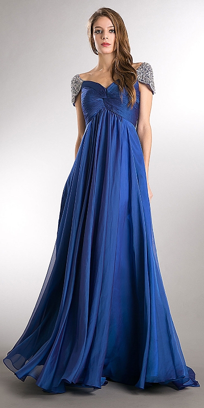 Bejeweled Sleeves Pleated Bust Long Formal Evening Dress