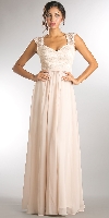 V-Neck Lace Top Empire Cut Long Bridesmaid Dress in Champaign