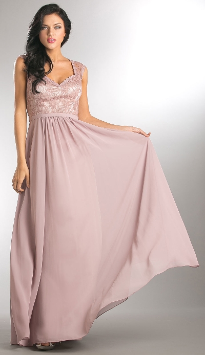 V-Neck Lace Top Empire Cut Long Bridesmaid Dress
