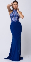 Main image of High Halter Neck Two-tone Bejeweled Top Long Prom Dress