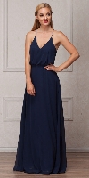 Spaghetti Straps V-Neck Blouson Top Long Bridesmaid Dress in Navy