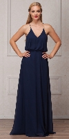 Spaghetti Straps V-Neck Blouson Top Long Bridesmaid Dress in Navy