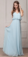 Spaghetti Straps V-Neck Blouson Top Long Bridesmaid Dress in Sea Foam