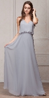 Spaghetti Straps V-Neck Blouson Top Long Bridesmaid Dress in Silver