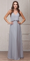 Spaghetti Straps V-Neck Blouson Top Long Bridesmaid Dress in Silver