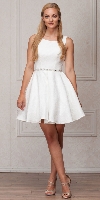 Boat Neck Jewel Waist Pleated Puffy Skirt Short Party Dress in Ivory
