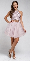Dazzling Embroidered Two Piece Halter Short Prom Dress in Lavender