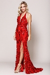 Halter Neck High Slit Prom Gown in Red