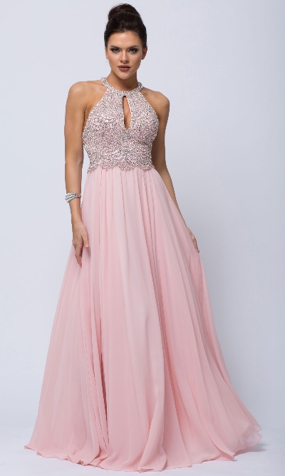 Sleeveless Beaded Prom Dress with High Neckline