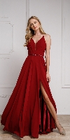 V-Neck Rhinestones Belt Front Slit Long Bridesmaid Dress in Burgundy